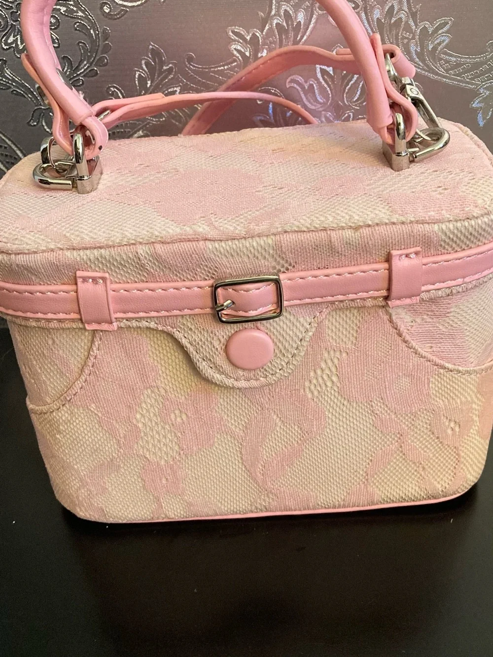 Pink Lace-Textured Top-Handle Crossbody Bag